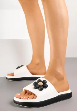 Biało-Czarne Klapki Piankowe Basenowe z Aplikacją Kwiatka Glemissea