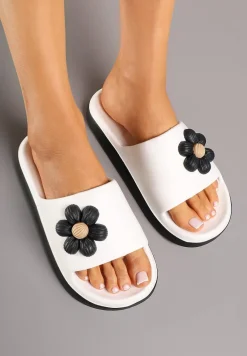 Biało-Czarne Klapki Piankowe Basenowe z Aplikacją Kwiatka Glemissea