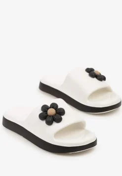 Biało-Czarne Klapki Piankowe Basenowe z Aplikacją Kwiatka Glemissea