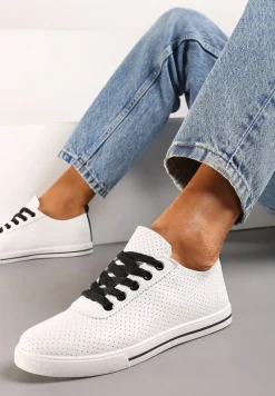 Biało-Czarne Płaskie Sznurowane Tenisówki przed Kostkę Ozdobione Perforacją Serettia