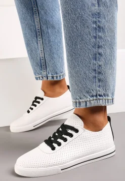 Biało-Czarne Płaskie Sznurowane Tenisówki przed Kostkę Ozdobione Perforacją Serettia