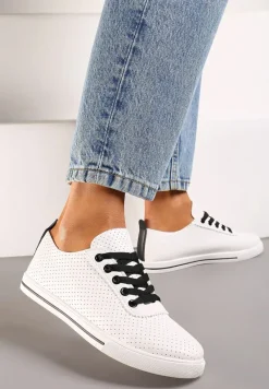 Biało-Czarne Płaskie Sznurowane Tenisówki przed Kostkę Ozdobione Perforacją Serettia