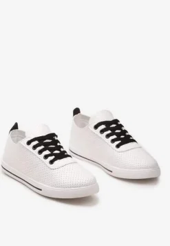 Biało-Czarne Płaskie Sznurowane Tenisówki przed Kostkę Ozdobione Perforacją Serettia