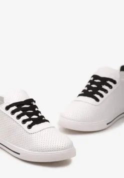 Biało-Czarne Płaskie Sznurowane Tenisówki przed Kostkę Ozdobione Perforacją Serettia