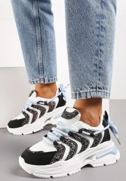 Biało-Czarne Sneakersy na Masywnej Podeszwie Odobione Brokatem Thirlas