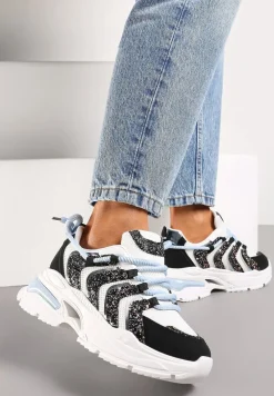 Biało-Czarne Sneakersy na Masywnej Podeszwie Odobione Brokatem Thirlas