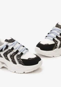 Biało-Czarne Sneakersy na Masywnej Podeszwie Odobione Brokatem Thirlas