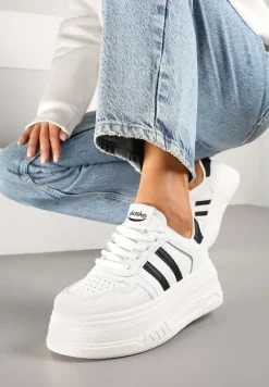 Biało-Czarne Sneakersy na Platformie Ozdobione Paskami i Perforacją Fonadel