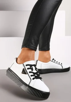 Biało-Czarne Sneakersy na Płaskiej Podeszwie ze Skóry z Metaliczną Ozdobą Melabra