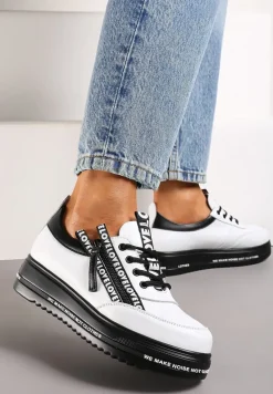 Biało-Czarne Sneakersy na Platformie ze Skórzaną Wkładką Zapinane z Boku na Zamek Błyskawiczny Urithas