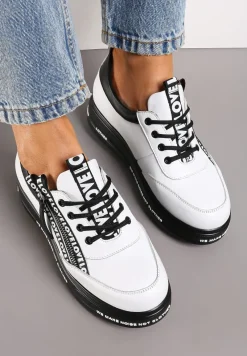 Biało-Czarne Sneakersy na Platformie ze Skórzaną Wkładką Zapinane z Boku na Zamek Błyskawiczny Urithas