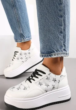 Biało-Czarne Sneakersy na Platformie z Nadrukiem w Kwiaty Chedora