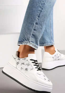 Biało-Czarne Sneakersy na Platformie z Nadrukiem w Kwiaty Chedora