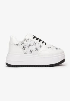 Biało-Czarne Sneakersy na Platformie z Nadrukiem w Kwiaty Chedora