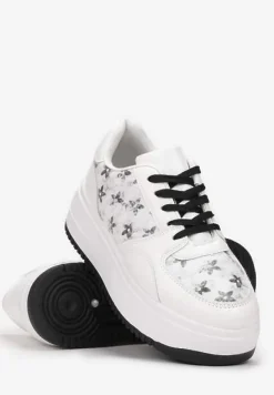 Biało-Czarne Sneakersy na Platformie z Nadrukiem w Kwiaty Chedora