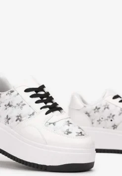 Biało-Czarne Sneakersy na Platformie z Nadrukiem w Kwiaty Chedora