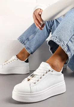 Biało-Czarne Sneakersy na Platformie z Metalowymi Zawieszkami i Cyrkoniami Nioko