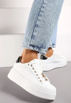 Biało-Czarne Sneakersy na Platformie z Metalowymi Zawieszkami i Cyrkoniami Nioko
