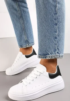 Biało-Czarne Sneakersy z Ekoskóry na Grubej Podeszwie ze Sznurowaniem Serizia