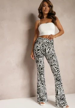 Biało-Czarne Spodnie Dzwony High Waist z Gumką w Pasie we Wzór Zebry Vikollia