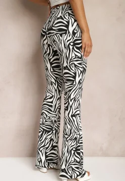 Biało-Czarne Spodnie Dzwony High Waist z Gumką w Pasie we Wzór Zebry Vikollia