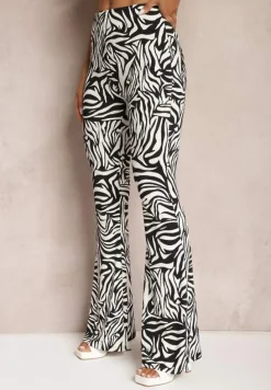 Biało-Czarne Spodnie Dzwony High Waist z Gumką w Pasie we Wzór Zebry Vikollia