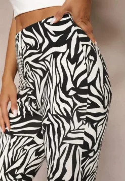 Biało-Czarne Spodnie Dzwony High Waist z Gumką w Pasie we Wzór Zebry Vikollia