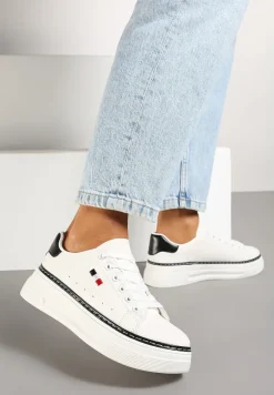 Biało-Czarne Sznurowane Sneakersy na Płaskiej Podeszwie z Lamówką Fedat