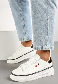Biało-Czarne Sznurowane Sneakersy na Płaskiej Podeszwie z Lamówką Fedat