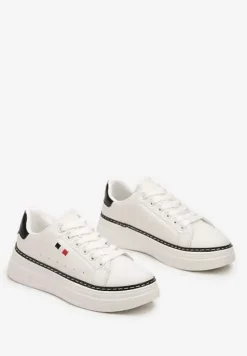Biało-Czarne Sznurowane Sneakersy na Płaskiej Podeszwie z Lamówką Fedat