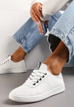 Biało-Czarne Tenisówki Ozdobione Taśmą z Napisem na Języku i Pięcie Cholewka z Perforacją Aelita