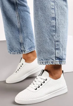 Biało-Czarne Tenisówki Ozdobione Taśmą z Napisem na Języku i Pięcie Cholewka z Perforacją Aelita