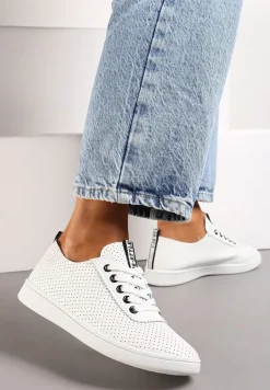 Biało-Czarne Tenisówki Ozdobione Taśmą z Napisem na Języku i Pięcie Cholewka z Perforacją Aelita