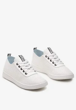 Biało-Czarne Tenisówki Ozdobione Taśmą z Napisem na Języku i Pięcie Cholewka z Perforacją Aelita