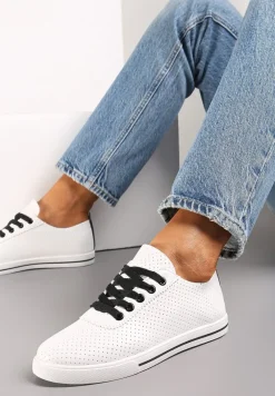 Biało-Czarne Tenisówki Ozdobione Dziurkami na Cholewce i Ozdobną Taśmą Mirnala