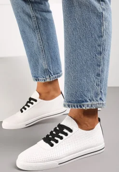 Biało-Czarne Tenisówki Ozdobione Dziurkami na Cholewce i Ozdobną Taśmą Mirnala