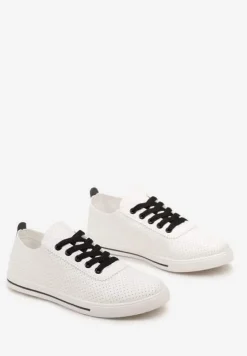 Biało-Czarne Tenisówki Ozdobione Dziurkami na Cholewce i Ozdobną Taśmą Mirnala