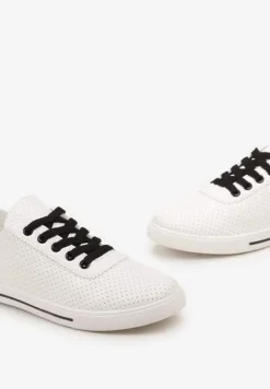 Biało-Czarne Tenisówki Ozdobione Dziurkami na Cholewce i Ozdobną Taśmą Mirnala