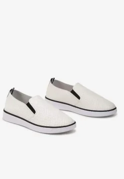 Biało-Czarne Tenisówki z Ekoskóry z Ozdobną Perforacją i Brokatem Alirentta