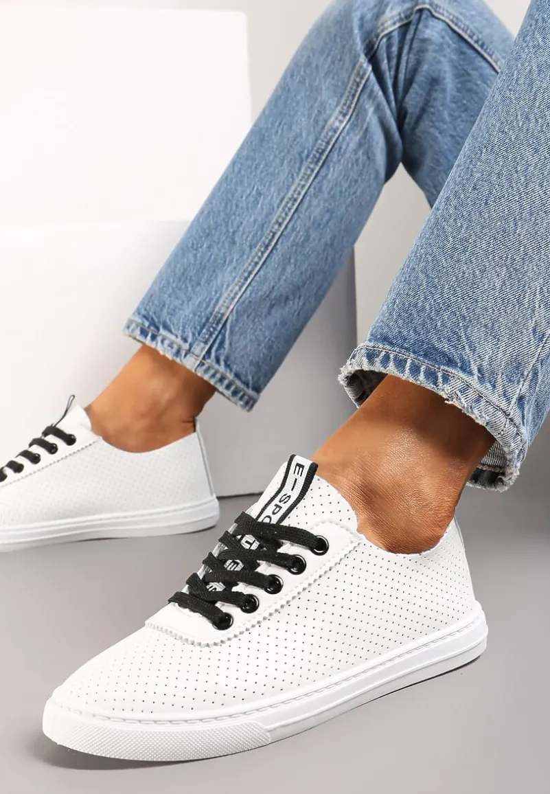 Biało-Czarne Tenisówki ze Skóry Naturalnej z Perforacją i Tasiemką z Napisem Toccatia