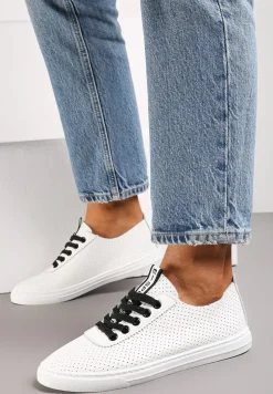 Biało-Czarne Tenisówki ze Skóry Naturalnej z Perforacją i Tasiemką z Napisem Toccatia