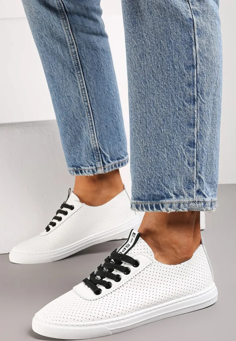 Biało-Czarne Tenisówki ze Skóry Naturalnej z Perforacją i Tasiemką z Napisem Toccatia