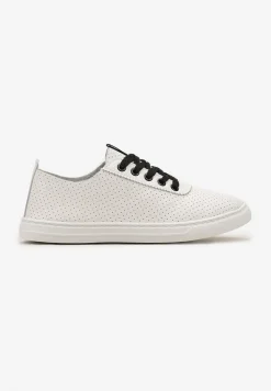 Biało-Czarne Tenisówki ze Skóry Naturalnej z Perforacją i Tasiemką z Napisem Toccatia