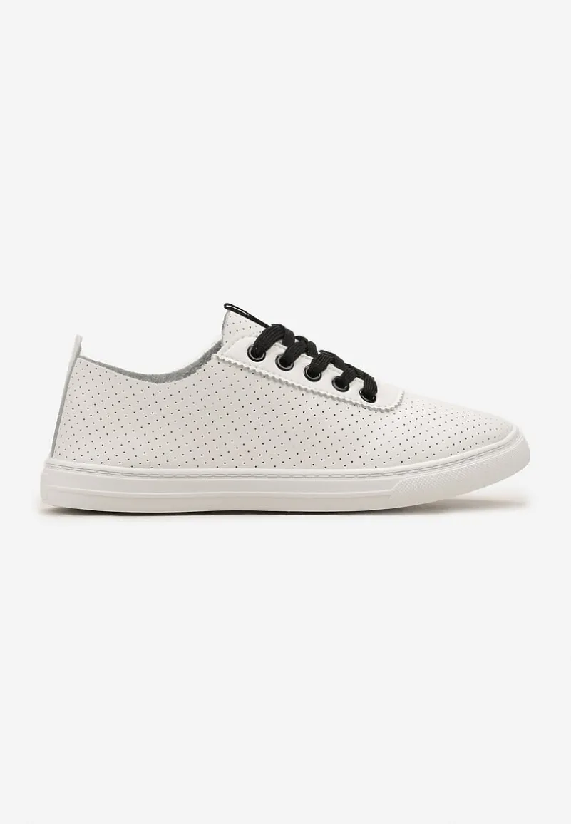 Biało-Czarne Tenisówki ze Skóry Naturalnej z Perforacją i Tasiemką z Napisem Toccatia