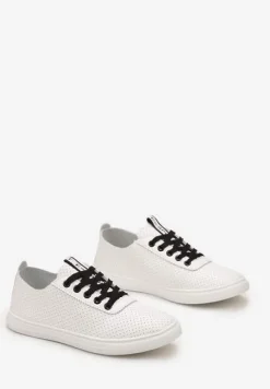 Biało-Czarne Tenisówki ze Skóry Naturalnej z Perforacją i Tasiemką z Napisem Toccatia