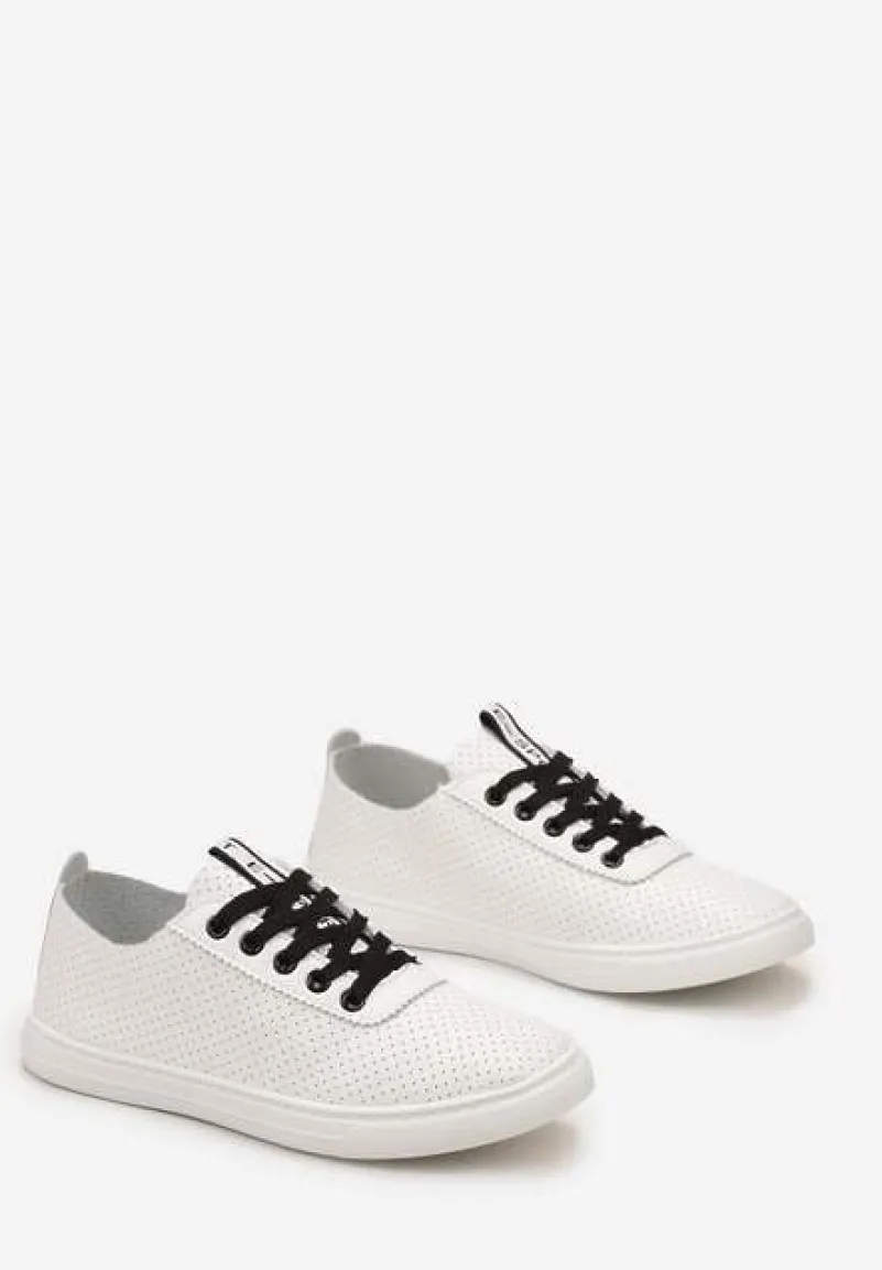 Biało-Czarne Tenisówki ze Skóry Naturalnej z Perforacją i Tasiemką z Napisem Toccatia