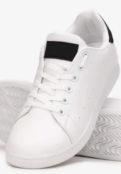 Biało-Czarne Wiązane Sneakersy na Płaskiej Podeszwie z Przeszyciami Ereath