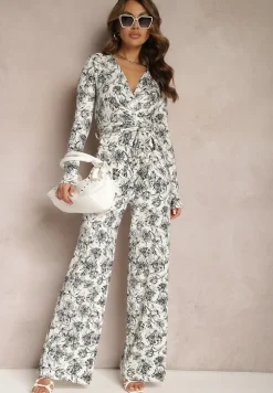 Biało-Czarny Długi Kombinezon z Kopertowym Dekoltem w Kwiatowy Wzór Erenna