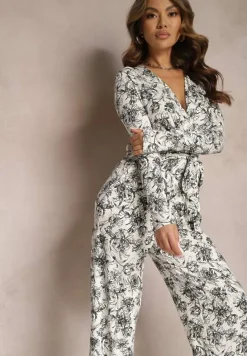 Biało-Czarny Długi Kombinezon z Kopertowym Dekoltem w Kwiatowy Wzór Erenna