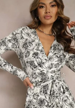 Biało-Czarny Długi Kombinezon z Kopertowym Dekoltem w Kwiatowy Wzór Erenna
